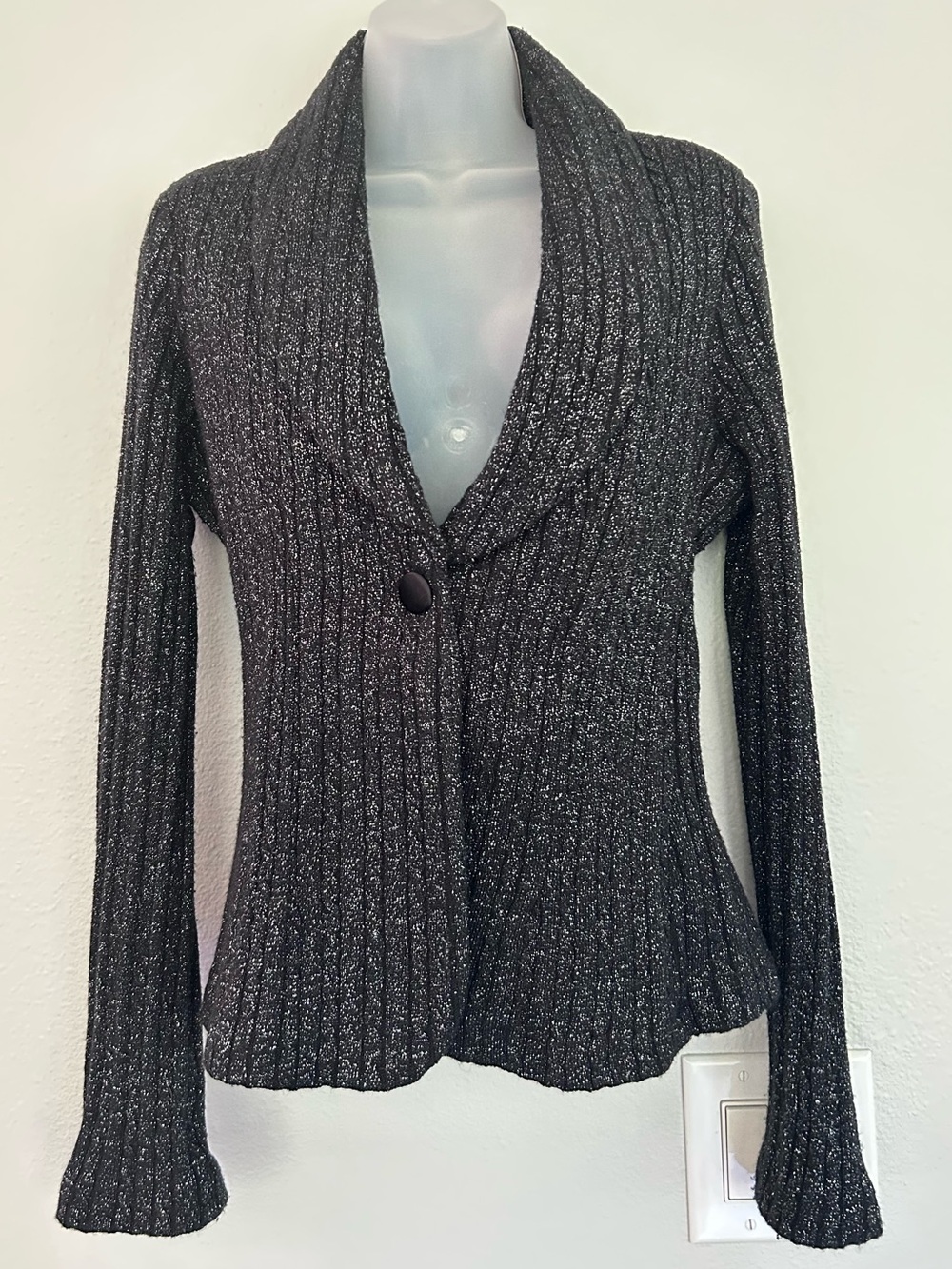 WD-NY button front shawl collar black and silver wool blend cardigan 8 - Picture 5 of 6